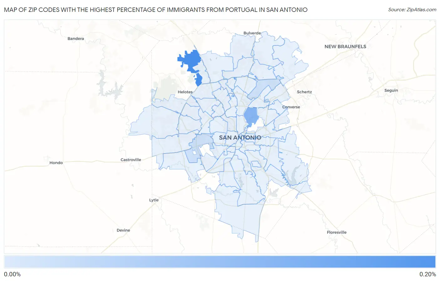 Zip Codes with the Highest Percentage of Immigrants from Portugal in San Antonio Map