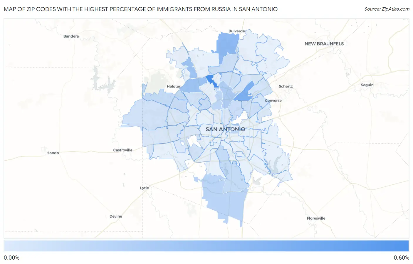 Zip Codes with the Highest Percentage of Immigrants from Russia in San Antonio Map