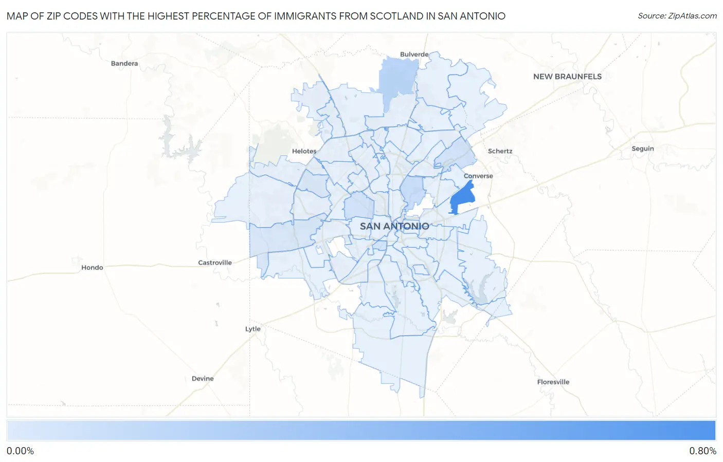 Zip Codes with the Highest Percentage of Immigrants from Scotland in San Antonio Map