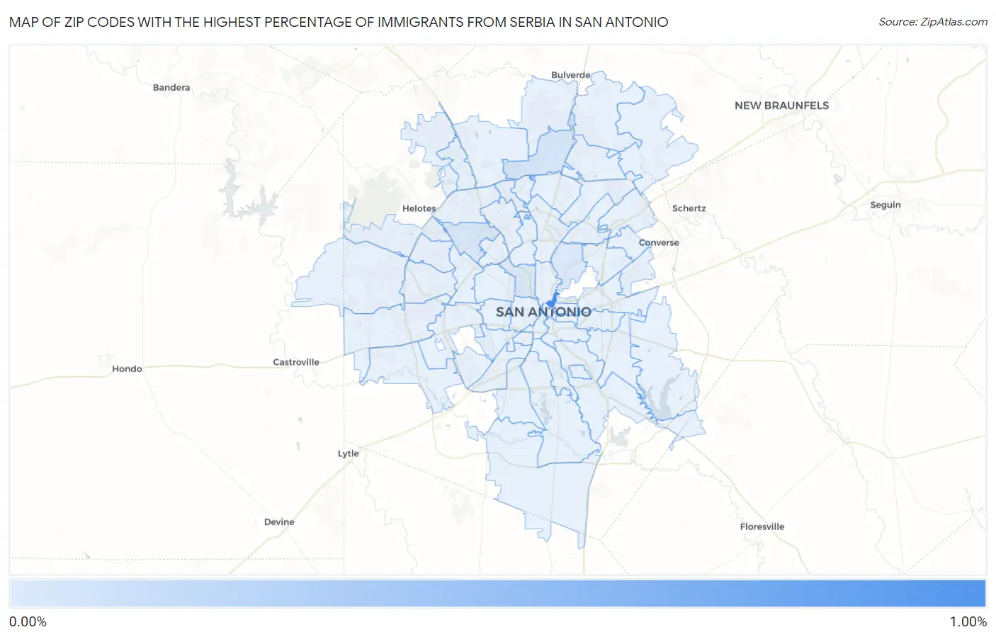 Zip Codes with the Highest Percentage of Immigrants from Serbia in San Antonio Map