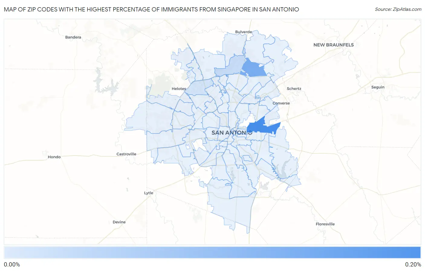 Zip Codes with the Highest Percentage of Immigrants from Singapore in San Antonio Map
