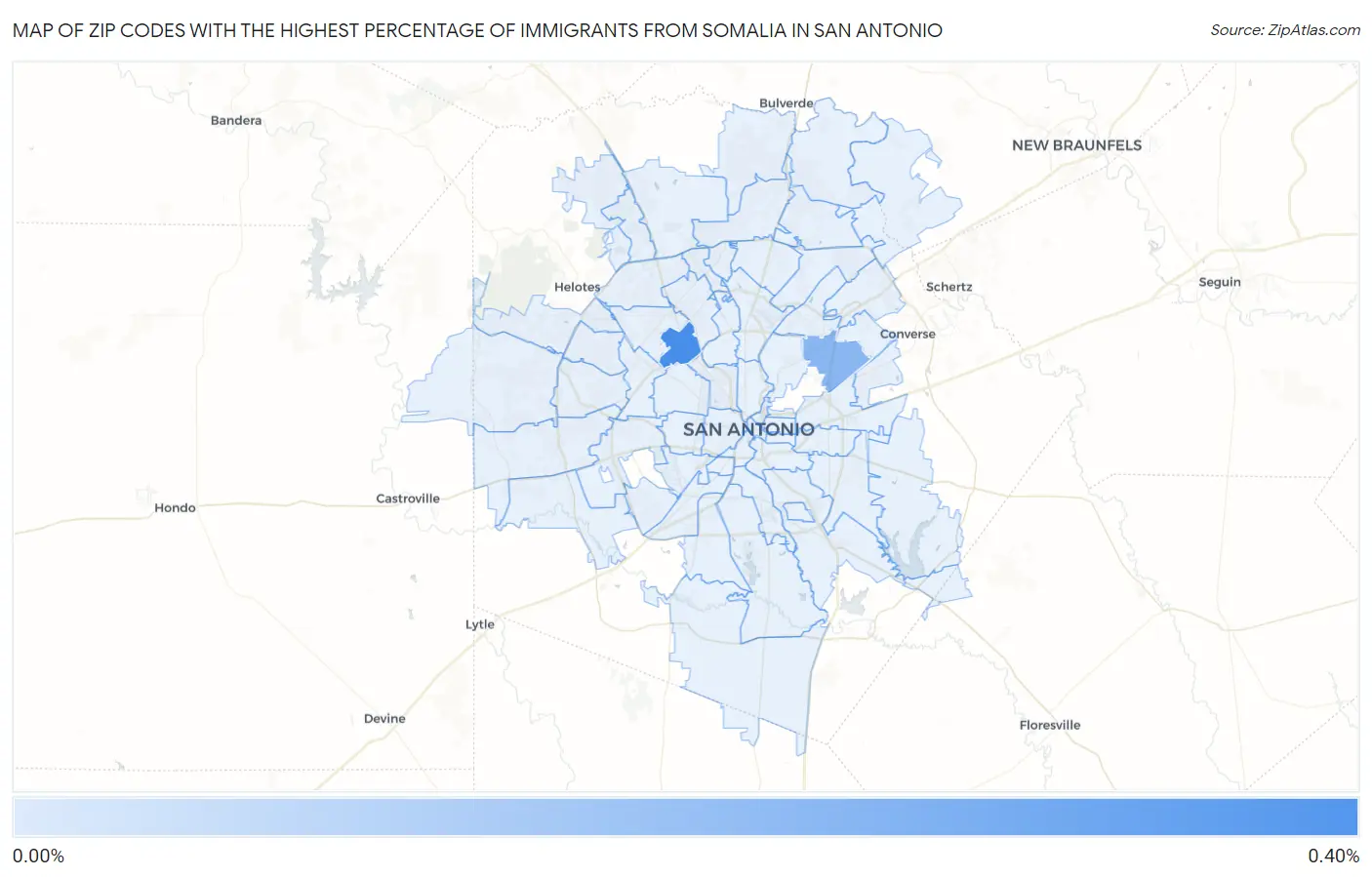 Zip Codes with the Highest Percentage of Immigrants from Somalia in San Antonio Map