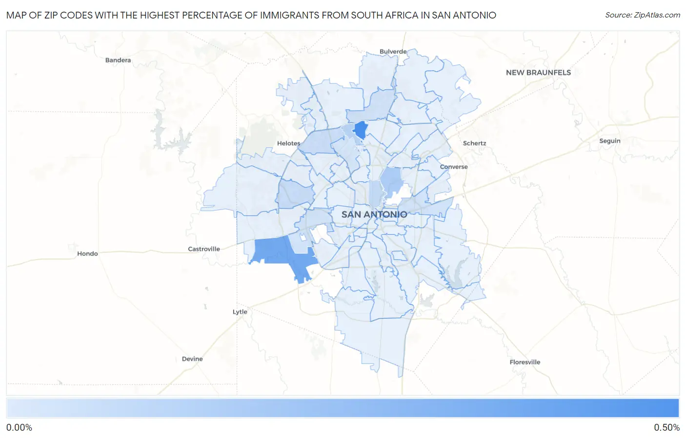 Zip Codes with the Highest Percentage of Immigrants from South Africa in San Antonio Map