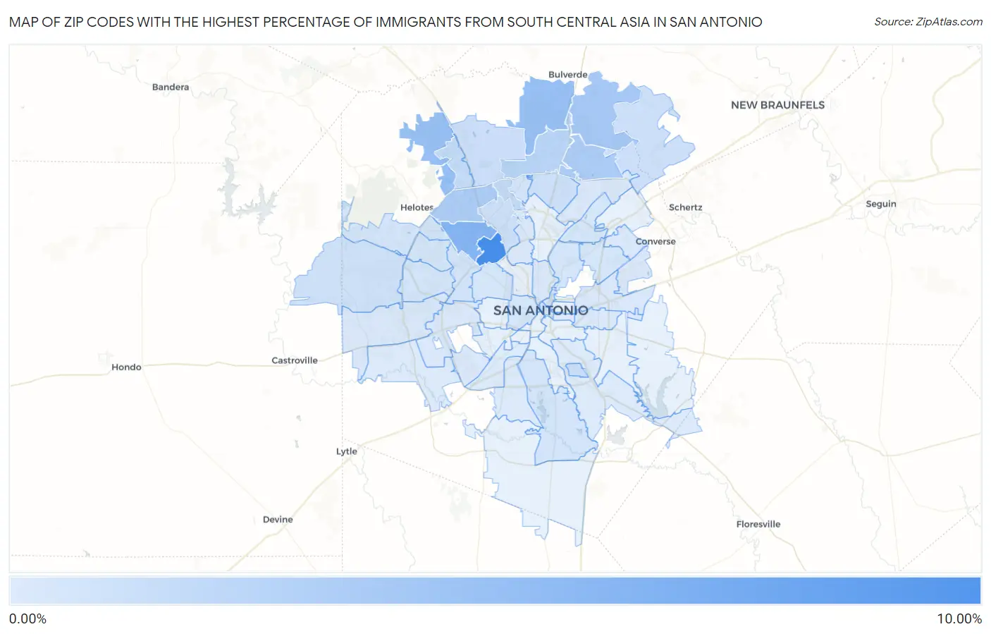 Zip Codes with the Highest Percentage of Immigrants from South Central Asia in San Antonio Map