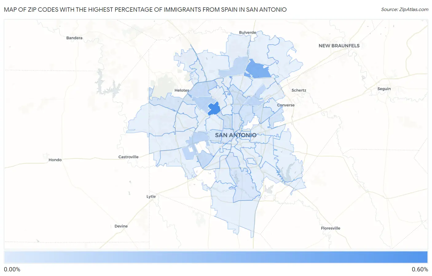 Zip Codes with the Highest Percentage of Immigrants from Spain in San Antonio Map