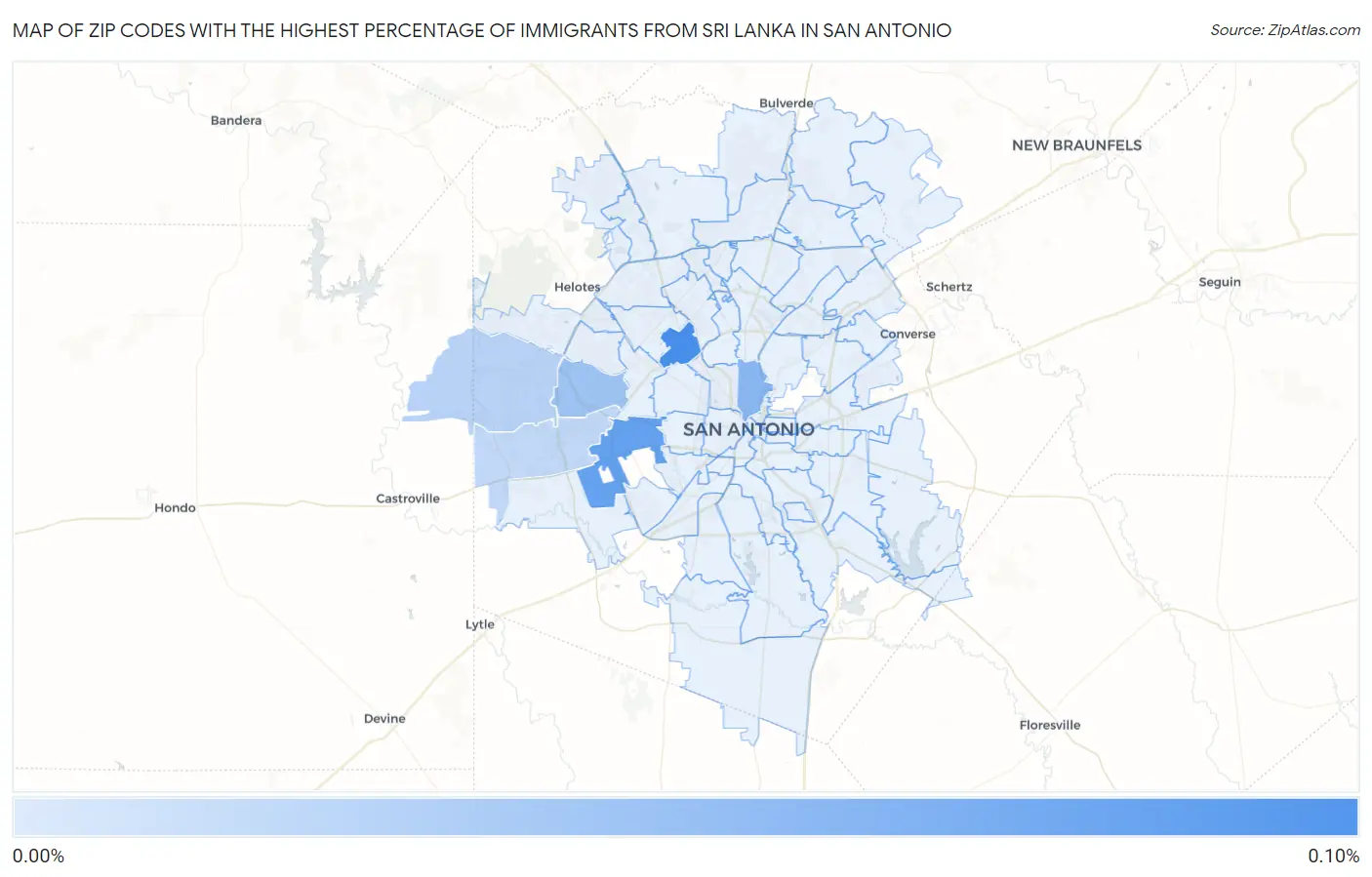 Zip Codes with the Highest Percentage of Immigrants from Sri Lanka in San Antonio Map