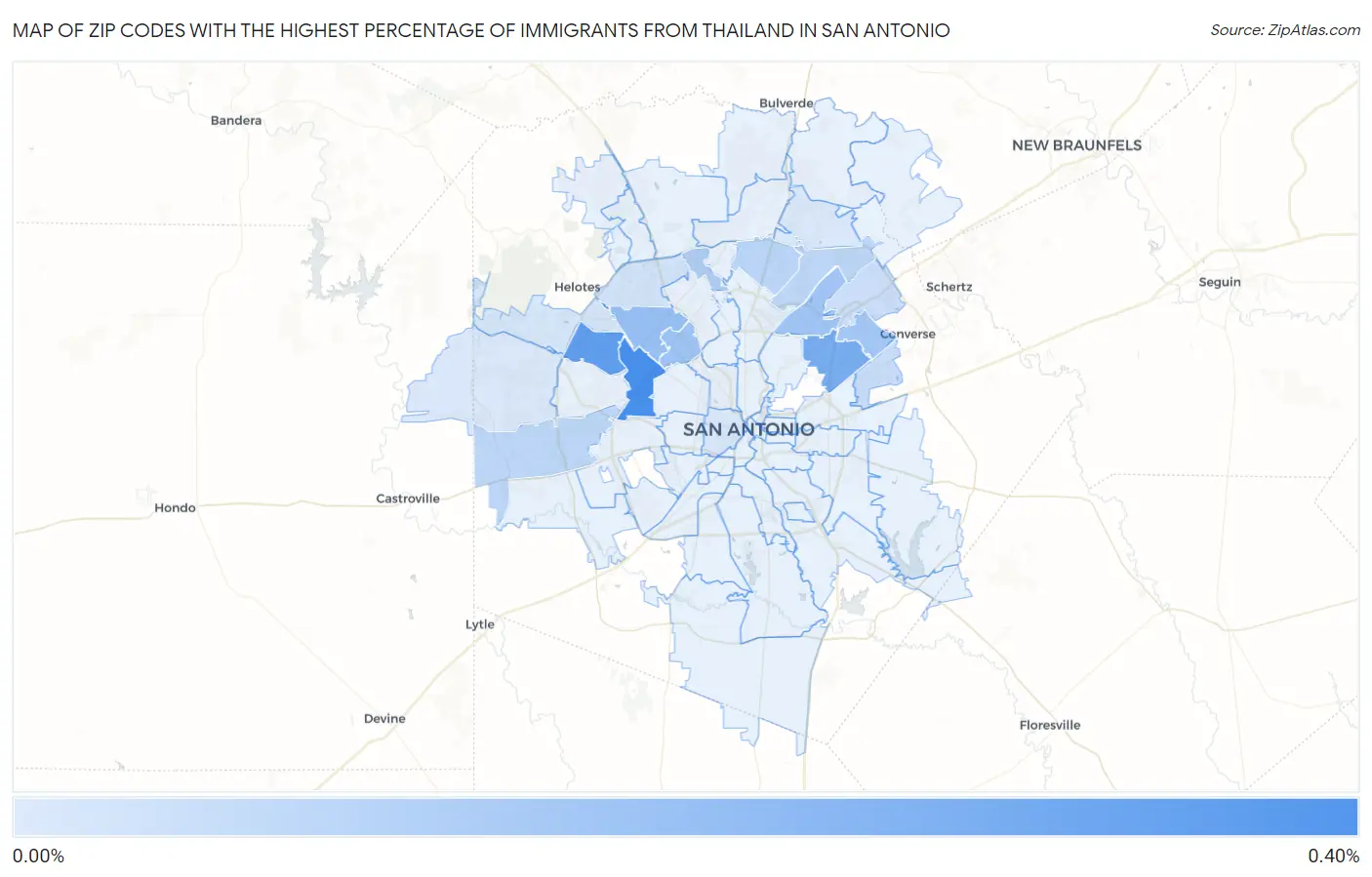 Zip Codes with the Highest Percentage of Immigrants from Thailand in San Antonio Map