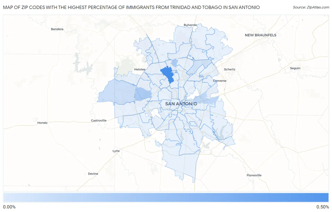 Zip Codes with the Highest Percentage of Immigrants from Trinidad and Tobago in San Antonio Map