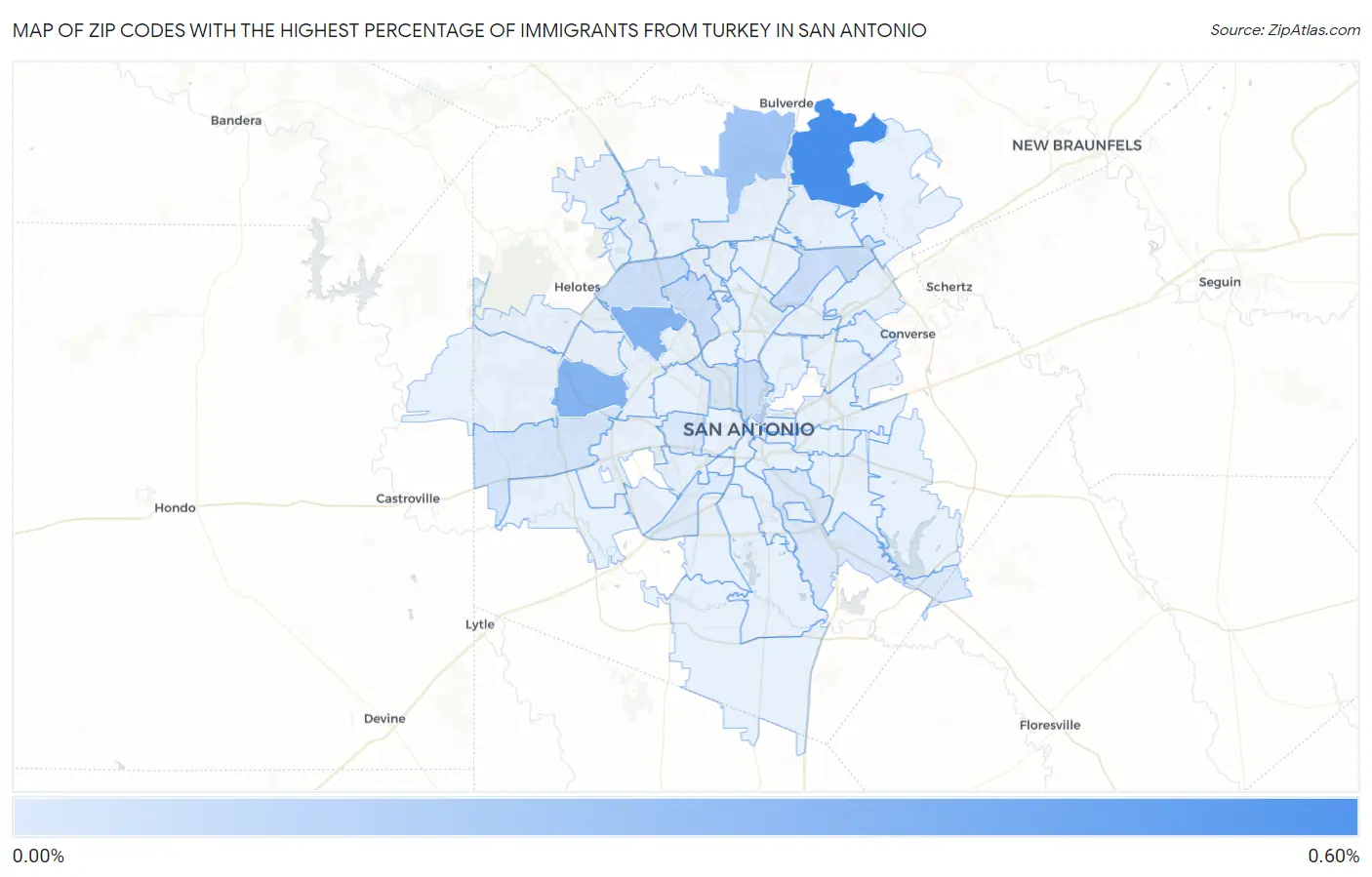 Zip Codes with the Highest Percentage of Immigrants from Turkey in San Antonio Map