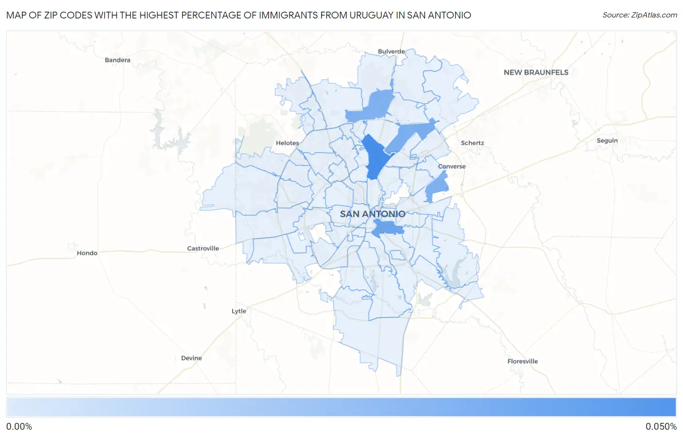 Zip Codes with the Highest Percentage of Immigrants from Uruguay in San Antonio Map