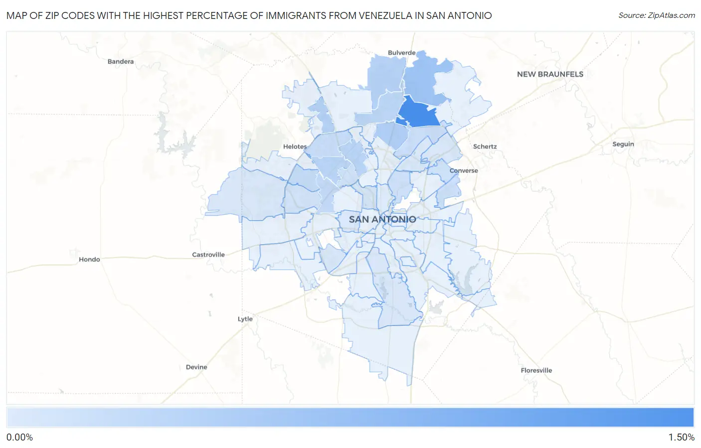 Zip Codes with the Highest Percentage of Immigrants from Venezuela in San Antonio Map