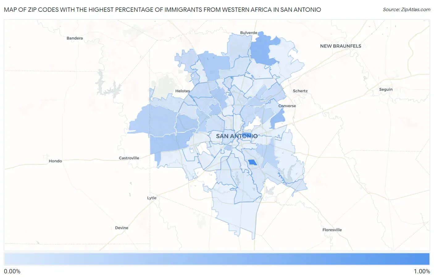 Zip Codes with the Highest Percentage of Immigrants from Western Africa in San Antonio Map
