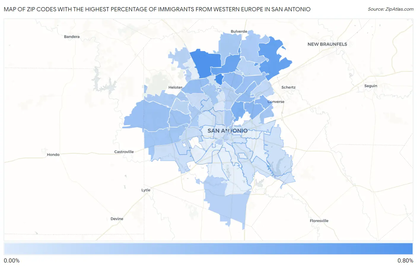 Zip Codes with the Highest Percentage of Immigrants from Western Europe in San Antonio Map