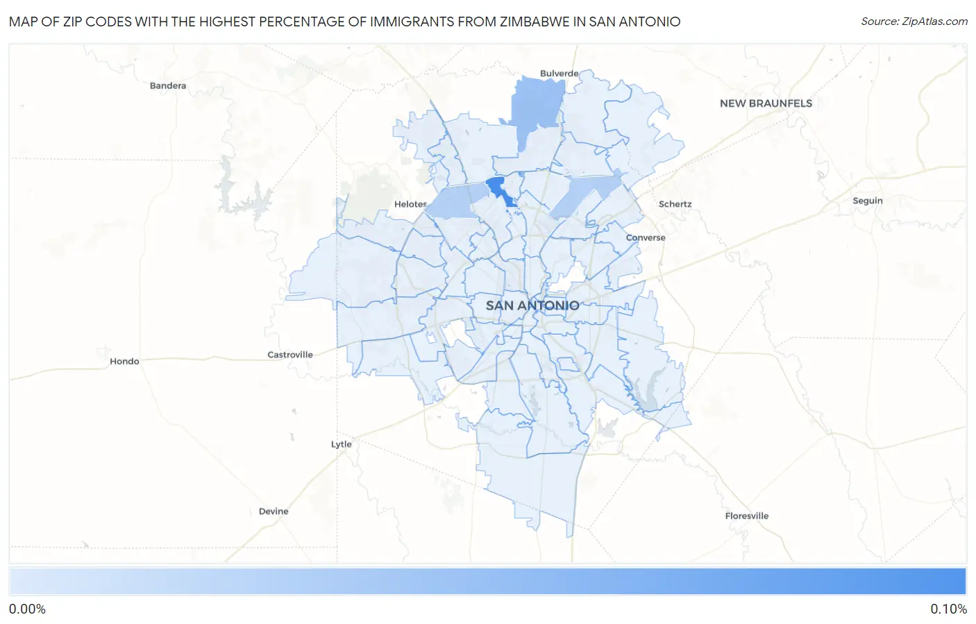 Zip Codes with the Highest Percentage of Immigrants from Zimbabwe in San Antonio Map