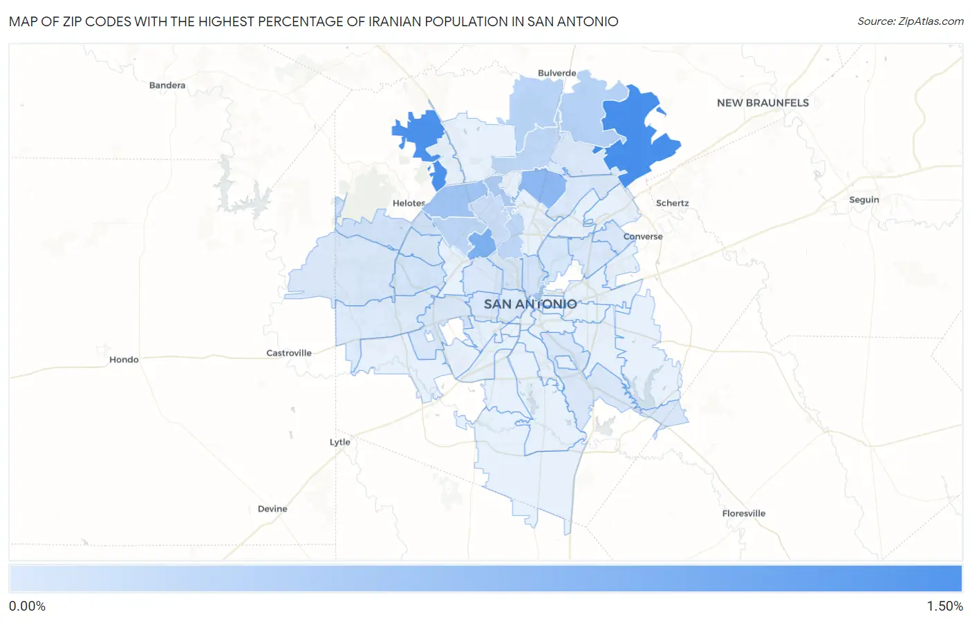 Zip Codes with the Highest Percentage of Iranian Population in San Antonio Map