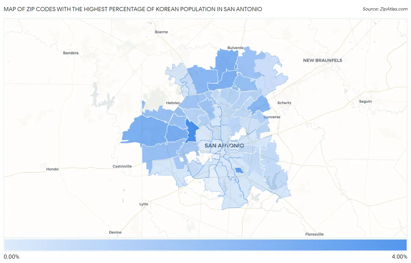 Zip Codes with the Highest Percentage of Korean Population in San Antonio Map