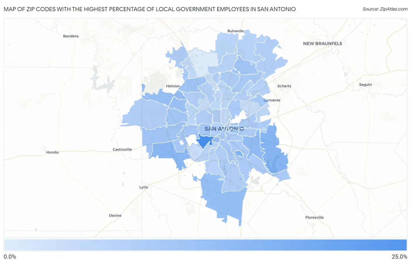 Zip Codes with the Highest Percentage of Local Government Employees in San Antonio Map