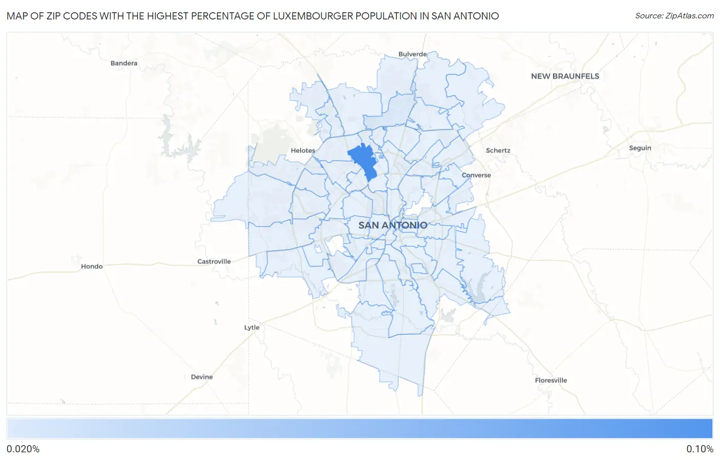 Zip Codes with the Highest Percentage of Luxembourger Population in San Antonio Map