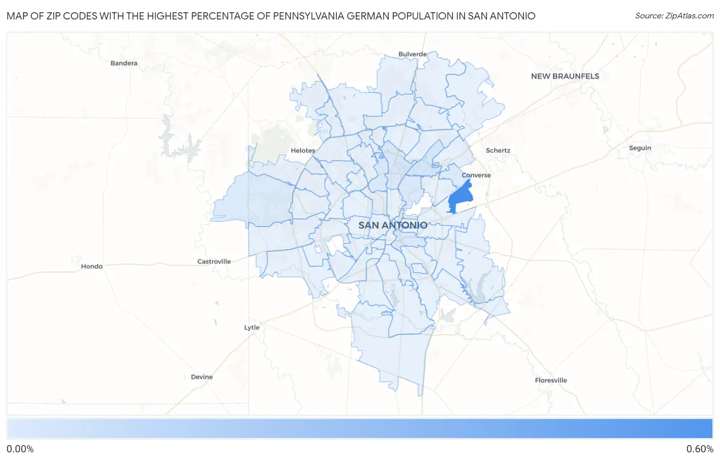 Zip Codes with the Highest Percentage of Pennsylvania German Population in San Antonio Map