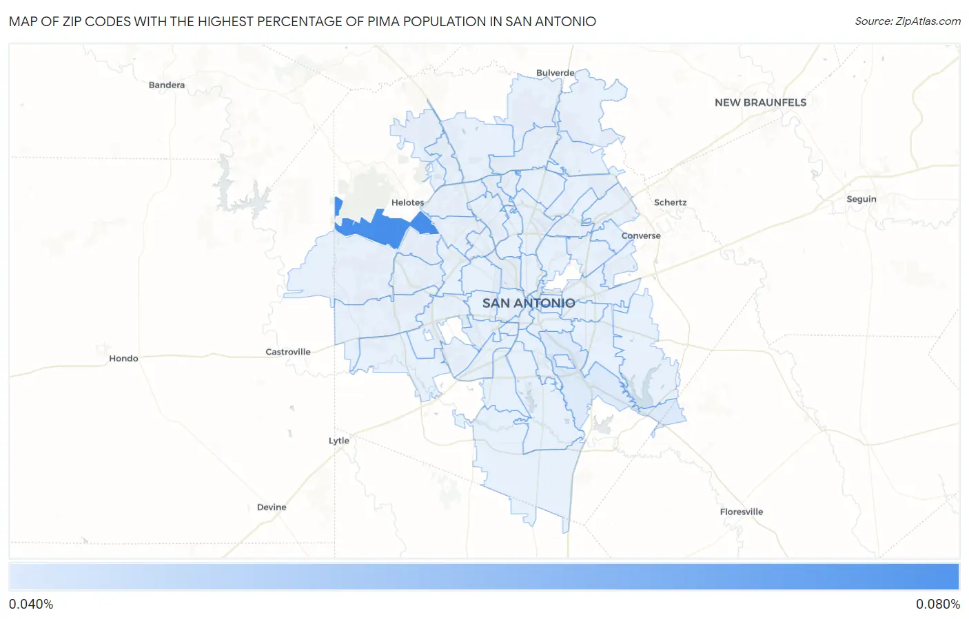 Zip Codes with the Highest Percentage of Pima Population in San Antonio Map