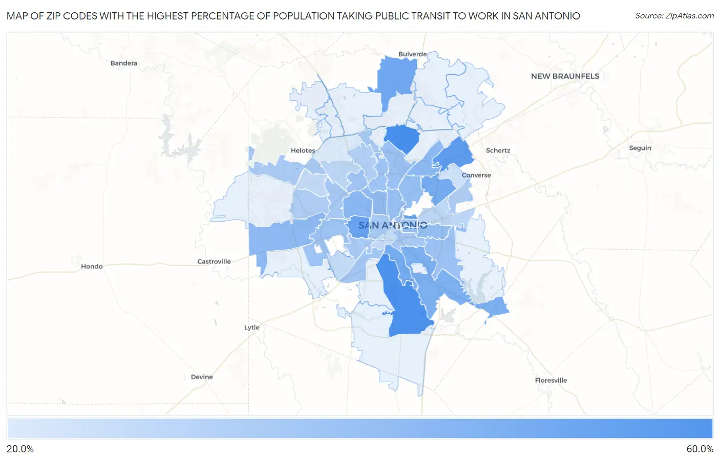 Zip Codes with the Highest Percentage of Population Taking Public Transit to Work in San Antonio Map