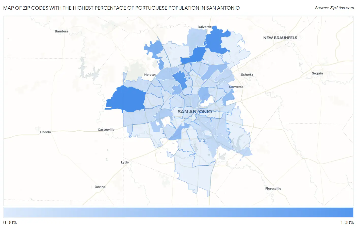 Zip Codes with the Highest Percentage of Portuguese Population in San Antonio Map