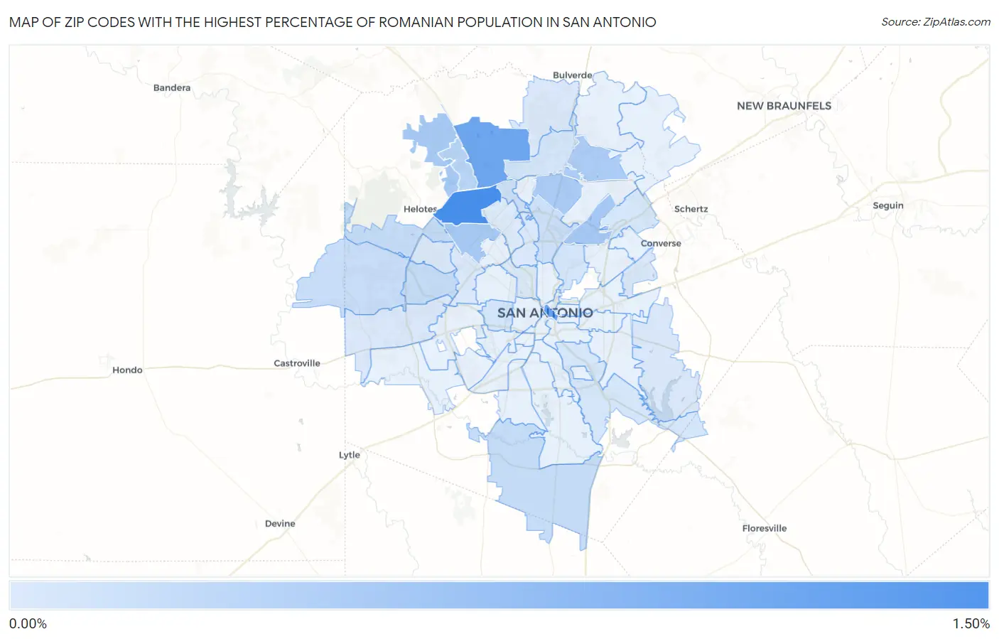 Zip Codes with the Highest Percentage of Romanian Population in San Antonio Map