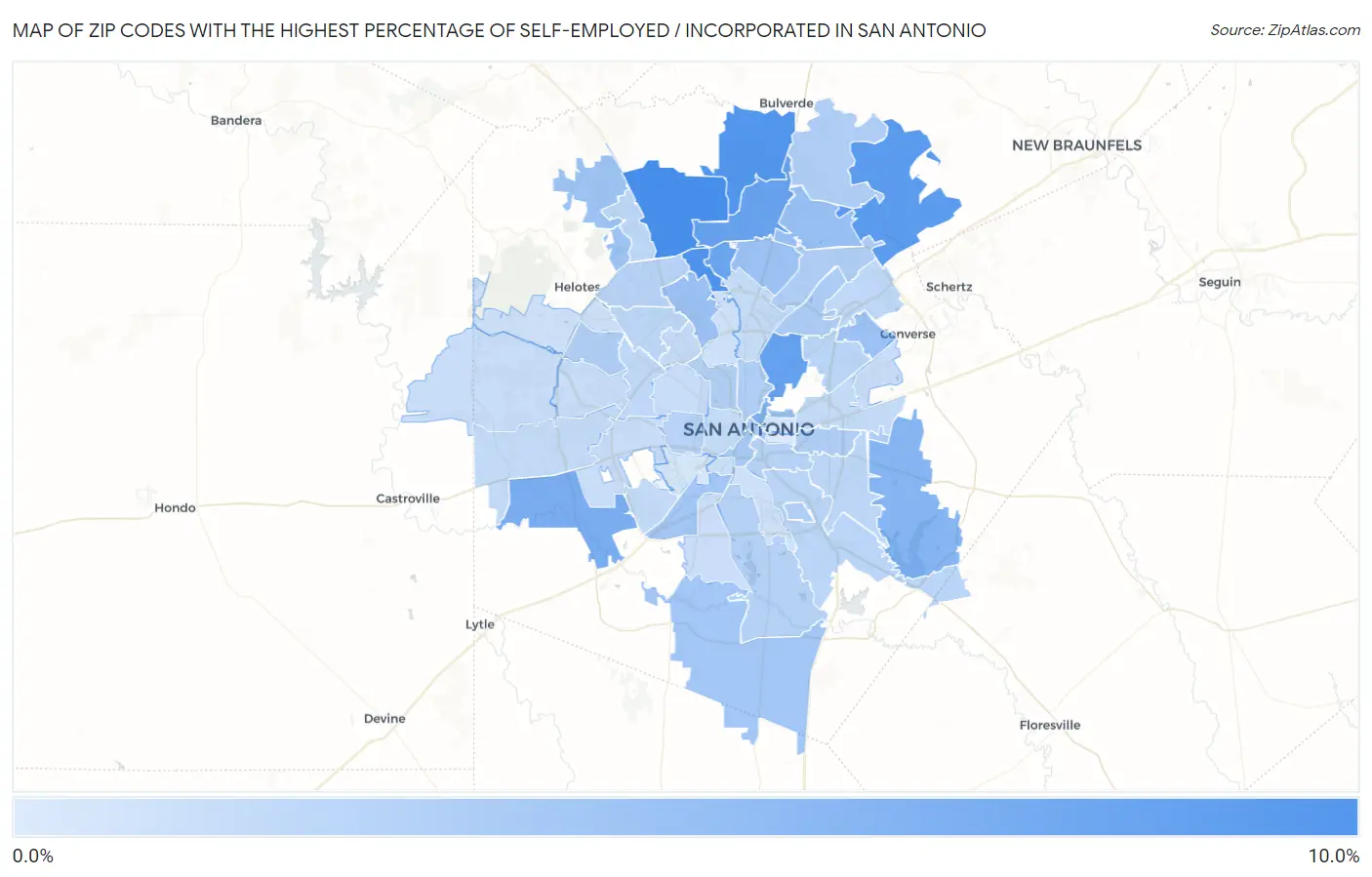 Zip Codes with the Highest Percentage of Self-Employed / Incorporated in San Antonio Map