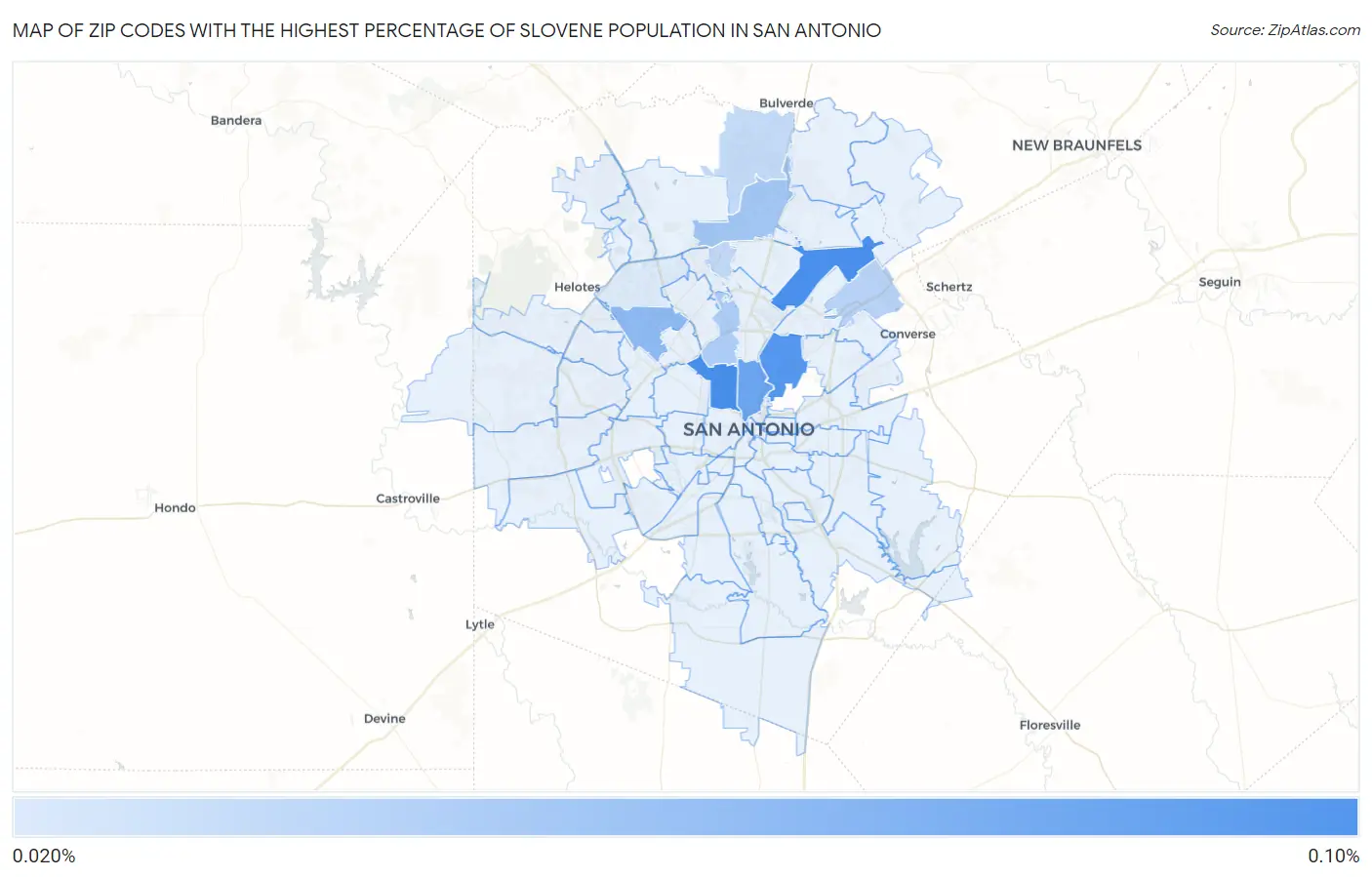 Zip Codes with the Highest Percentage of Slovene Population in San Antonio Map