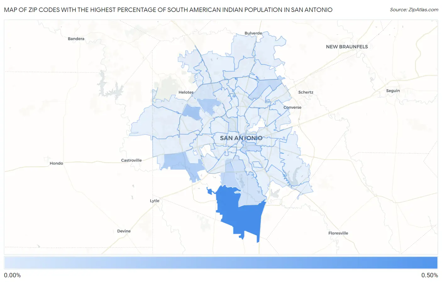 Zip Codes with the Highest Percentage of South American Indian Population in San Antonio Map