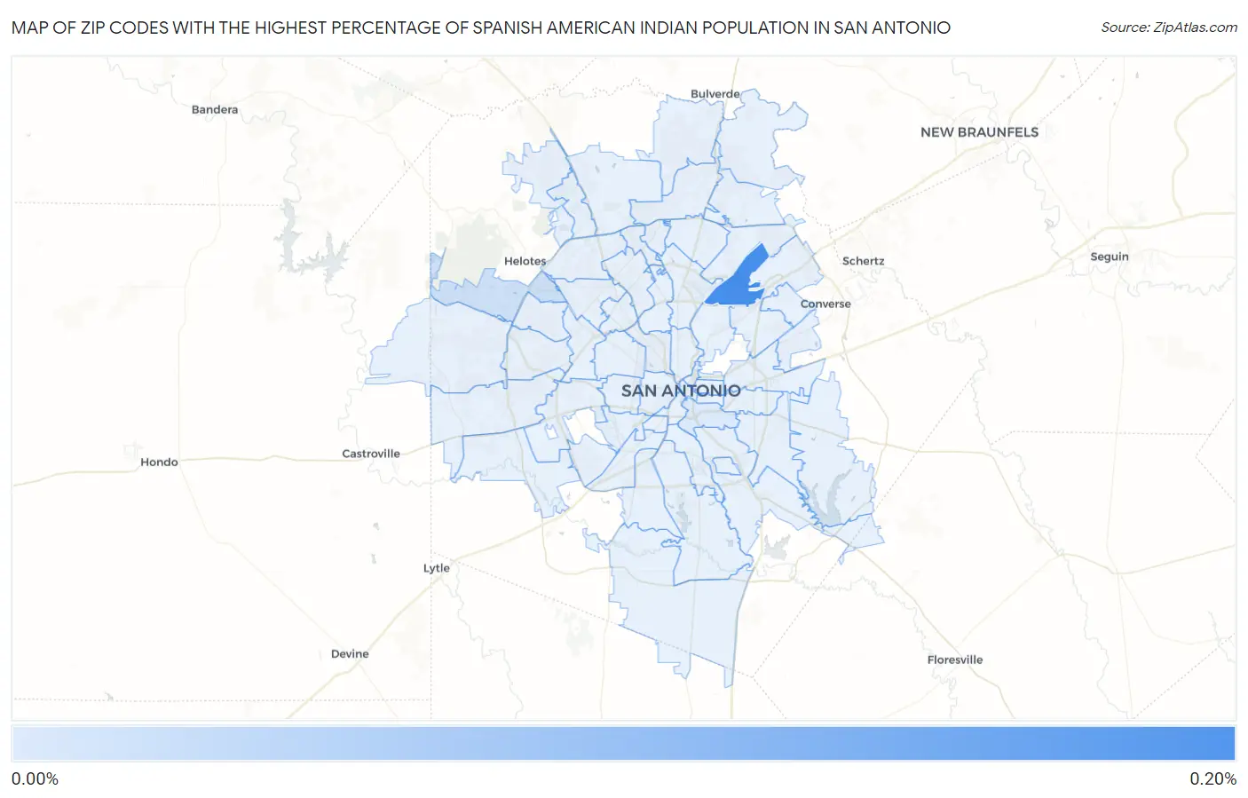 Zip Codes with the Highest Percentage of Spanish American Indian Population in San Antonio Map
