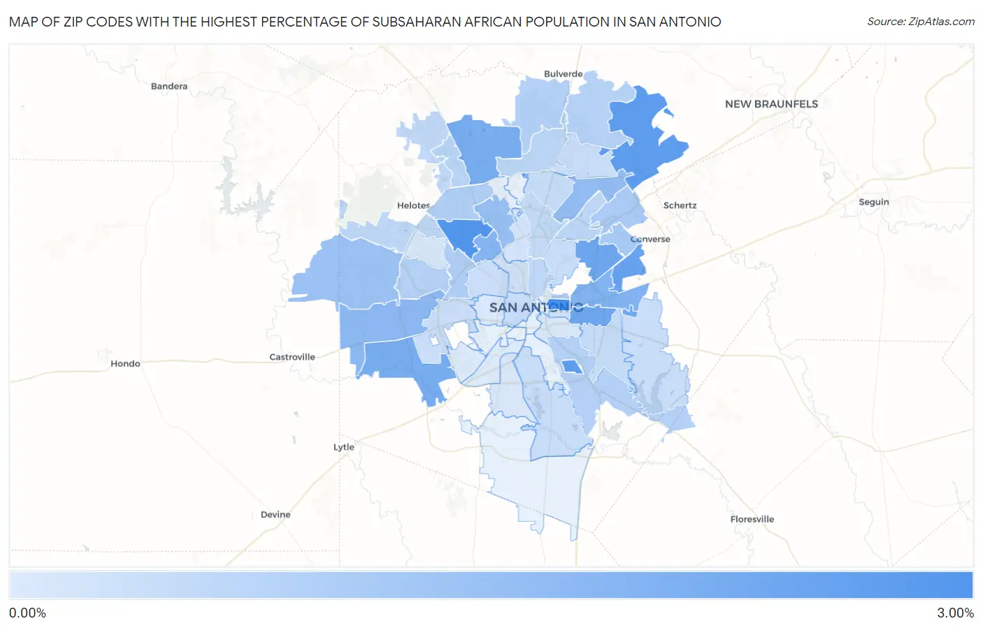 Zip Codes with the Highest Percentage of Subsaharan African Population in San Antonio Map