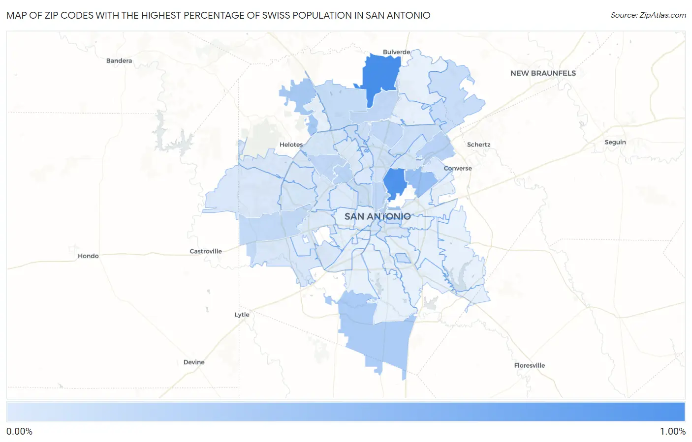 Zip Codes with the Highest Percentage of Swiss Population in San Antonio Map
