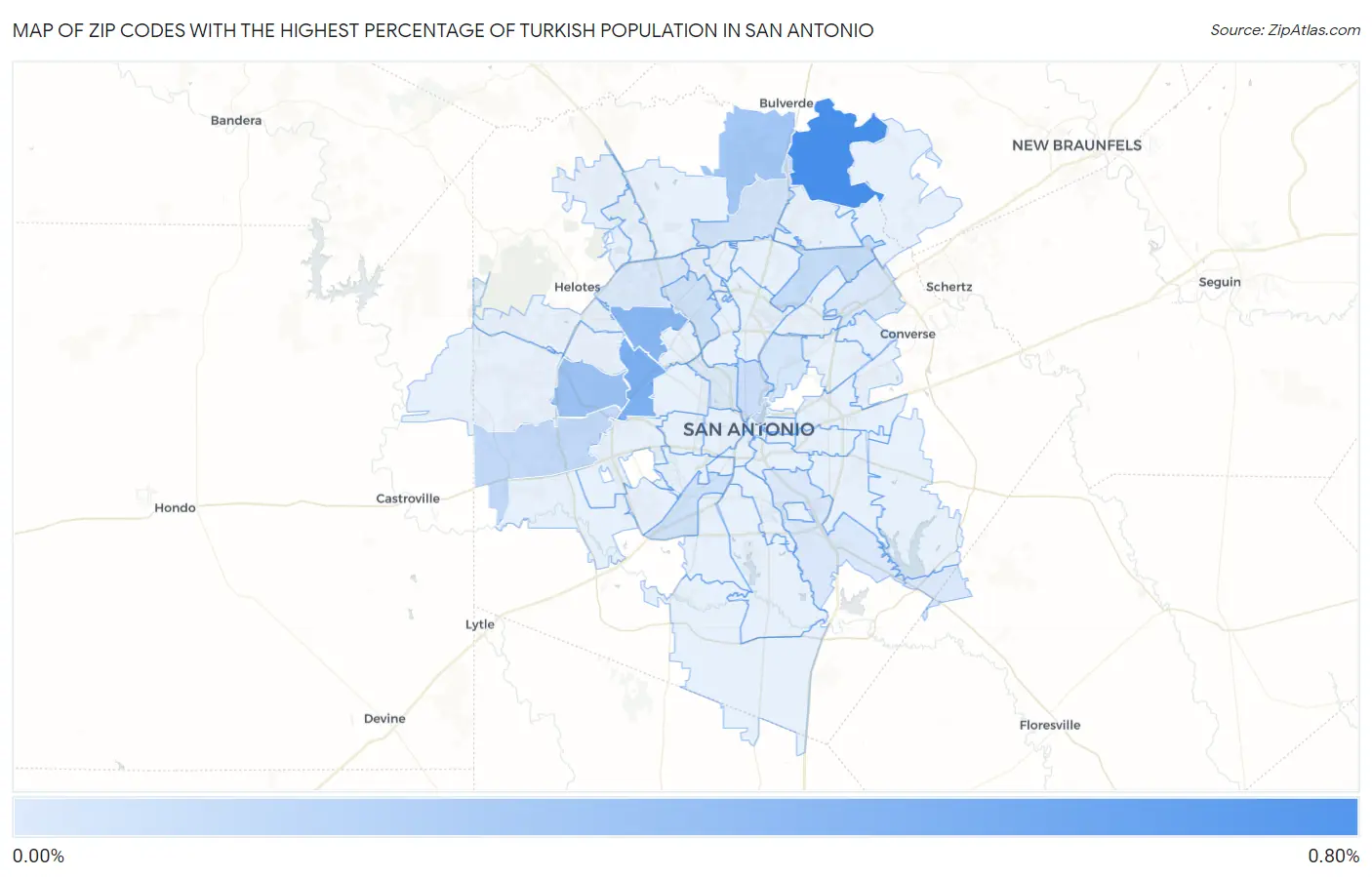 Zip Codes with the Highest Percentage of Turkish Population in San Antonio Map