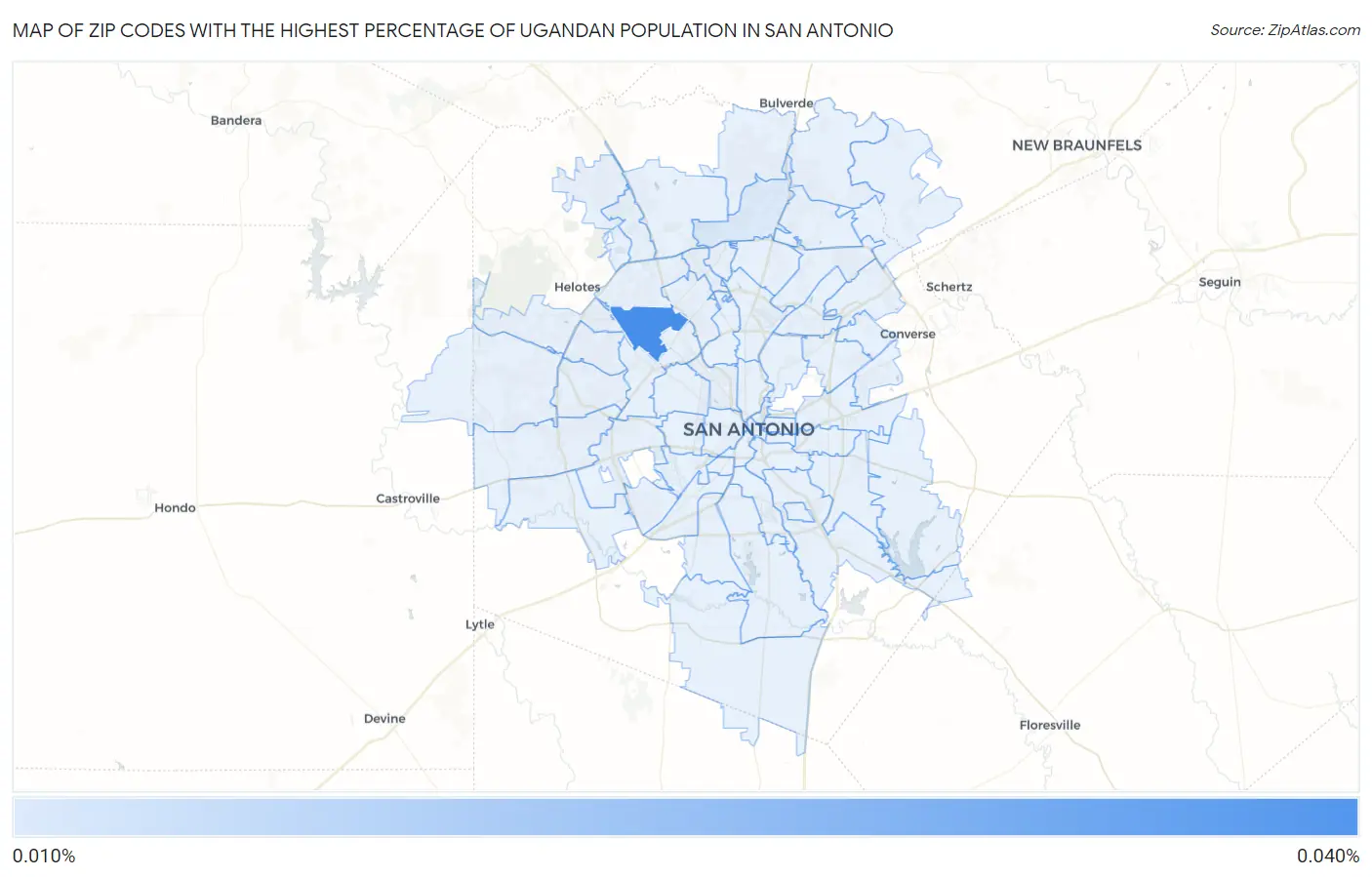 Zip Codes with the Highest Percentage of Ugandan Population in San Antonio Map