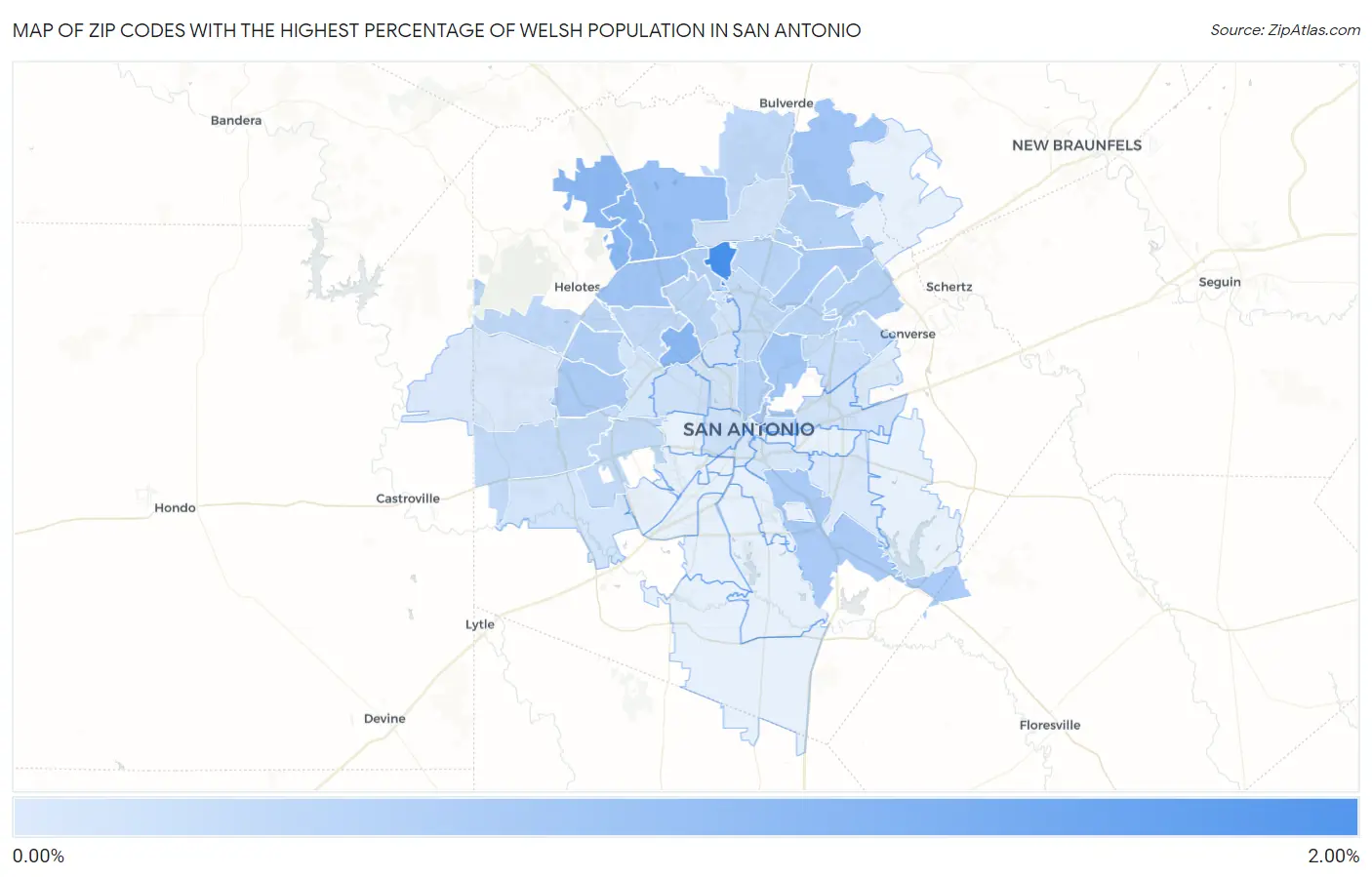 Zip Codes with the Highest Percentage of Welsh Population in San Antonio Map