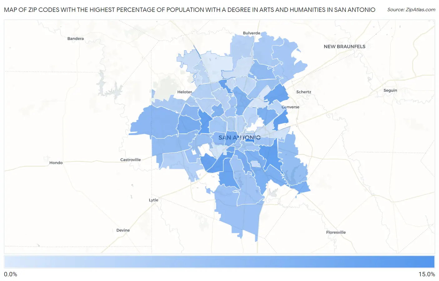 Zip Codes with the Highest Percentage of Population with a Degree in Arts and Humanities in San Antonio Map