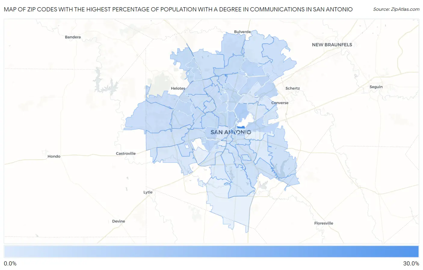 Zip Codes with the Highest Percentage of Population with a Degree in Communications in San Antonio Map