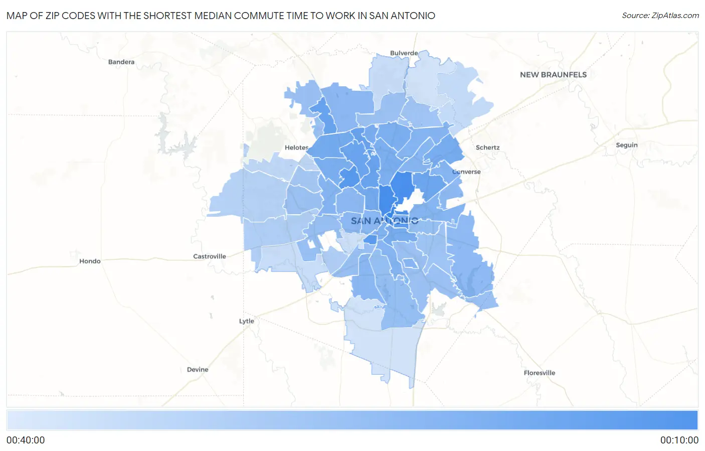 Zip Codes with the Shortest Median Commute Time to Work in San Antonio Map