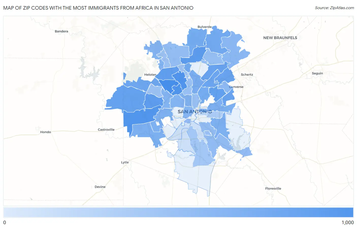 Zip Codes with the Most Immigrants from Africa in San Antonio Map