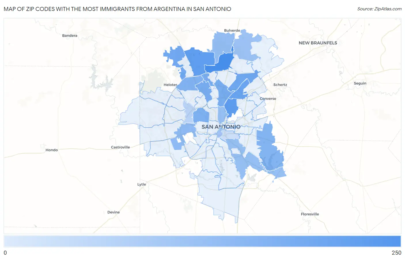 Zip Codes with the Most Immigrants from Argentina in San Antonio Map