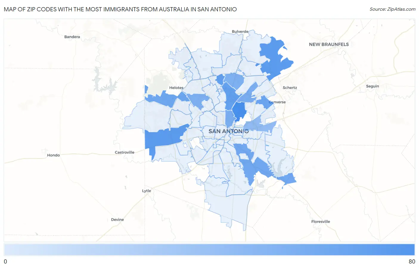 Zip Codes with the Most Immigrants from Australia in San Antonio Map