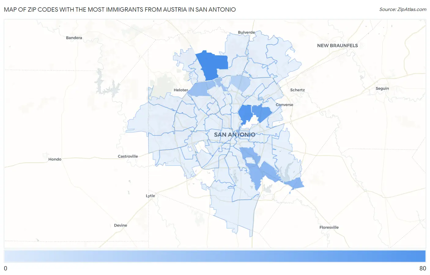 Zip Codes with the Most Immigrants from Austria in San Antonio Map