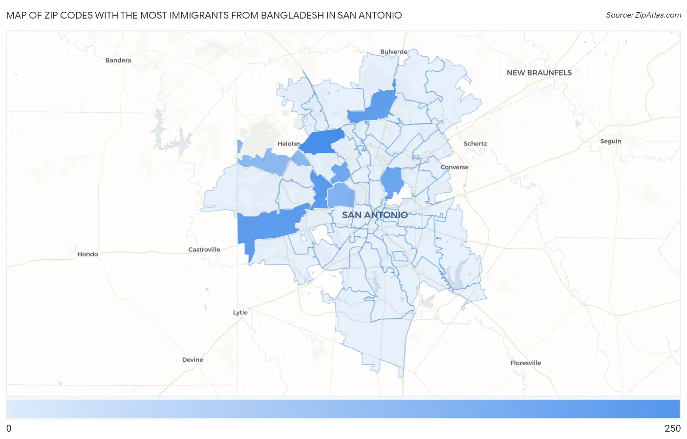 Zip Codes with the Most Immigrants from Bangladesh in San Antonio Map