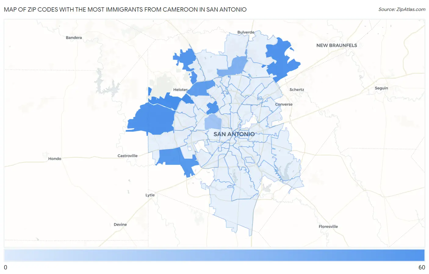 Zip Codes with the Most Immigrants from Cameroon in San Antonio Map