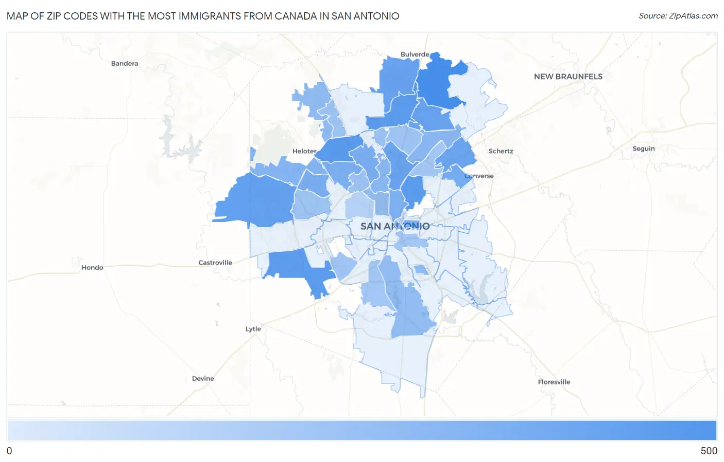 Zip Codes with the Most Immigrants from Canada in San Antonio Map