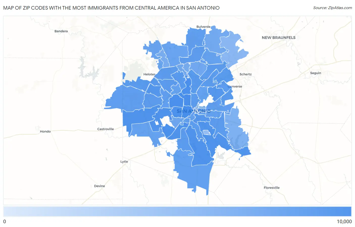 Zip Codes with the Most Immigrants from Central America in San Antonio Map