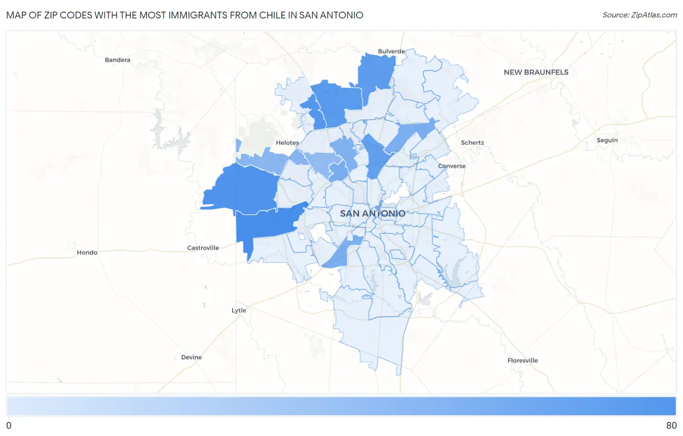 Zip Codes with the Most Immigrants from Chile in San Antonio Map