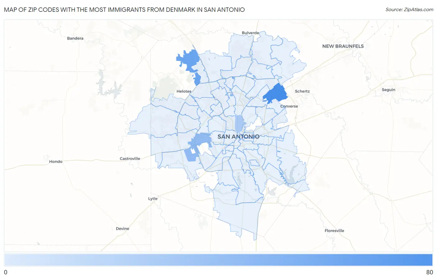 Zip Codes with the Most Immigrants from Denmark in San Antonio Map