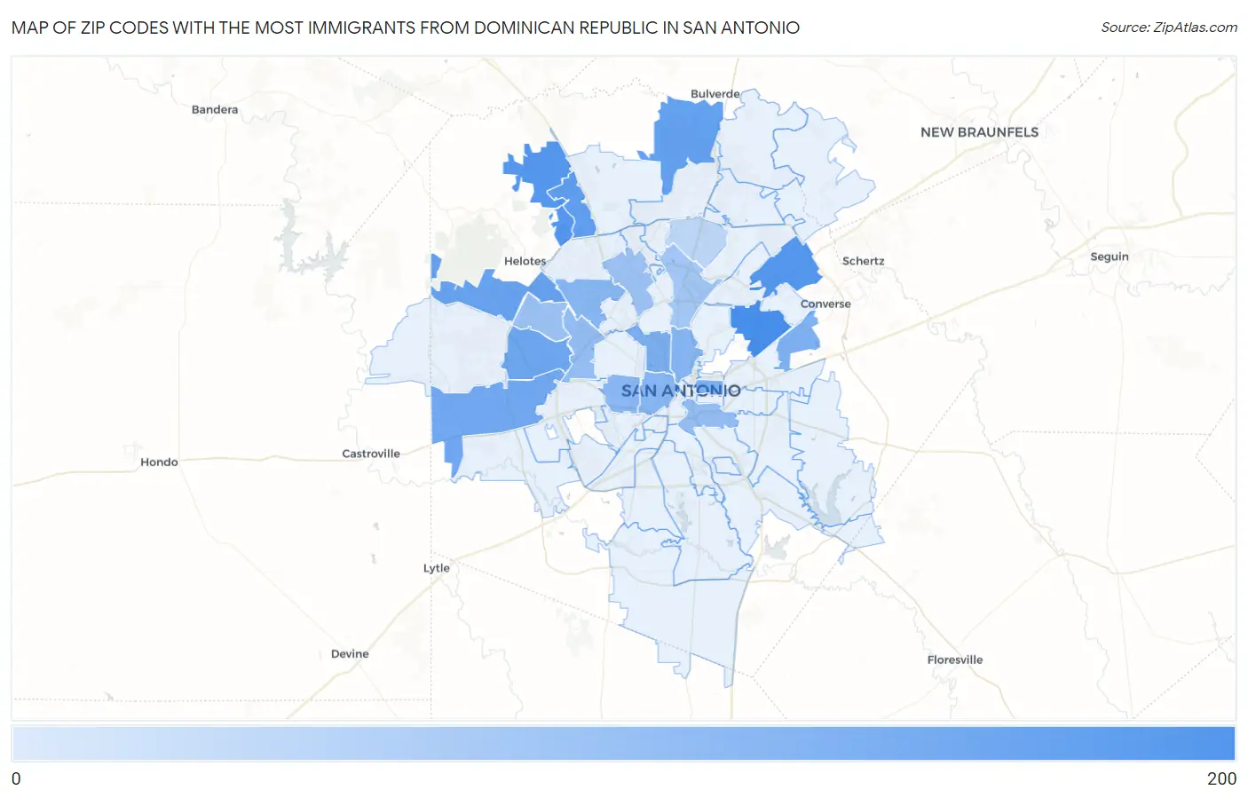 Zip Codes with the Most Immigrants from Dominican Republic in San Antonio Map